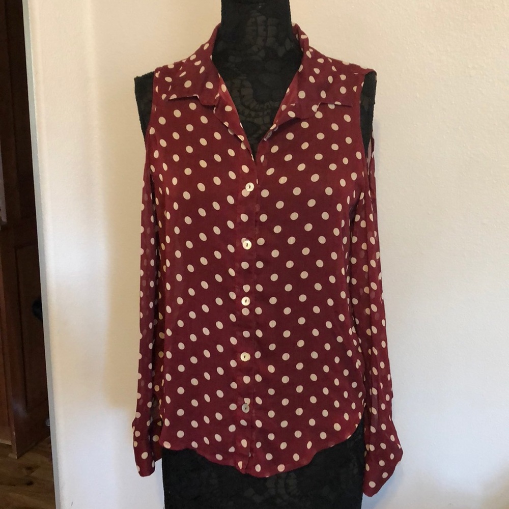 About a Girl maroon polka dot cold shoulder Large